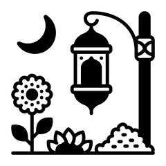 Decorate Public Spaces with Hanging Street Lights concept, sunflower and moon vector icon design, Outdoor Decor symbol, Farm and Plant sign, Mulching and Landscaping illustration