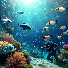 a realistic underwater scene coral reef with fish