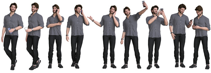 Fototapeta na wymiar 3D render : smiling young man character with smart phone in his hand with different body posture, PNG transparent 