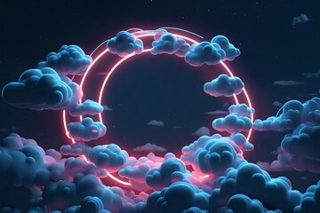 3d render, abstract cloud illuminated with neon light ring on dark night sky. Glowing geometric shape, round frame