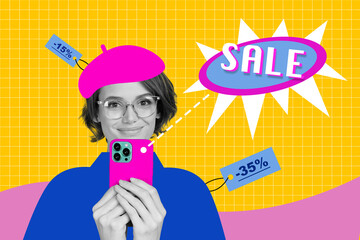 Illustration banner collage of young funny girl hold iphone choose clothes boutique online -35...