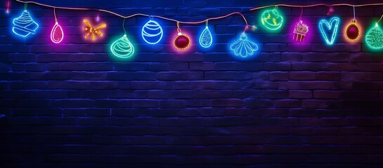A brick wall with neon Christmas lights, with an empty space. 