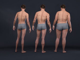 3D Render : the diversity of male body shape including  ectomorph (skinny type), mesomorph (muscular type), endomorph(heavy weight type)