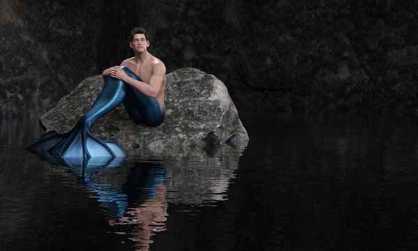 3D render: a fantasy merman creature character is sitting on the rock surrounding with water
