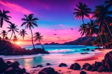 Fototapeta na wymiar Beautiful tropical beach landscape in a 80s Retrowave theme. Mountain ranges. Palm trees. Beautiful sunset.. Amazing printable wallpaper