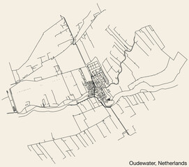 Detailed hand-drawn navigational urban street roads map of the Dutch city of OUDEWATER, NETHERLANDS with solid road lines and name tag on vintage background