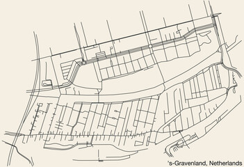 Detailed hand-drawn navigational urban street roads map of the Dutch city of 'S-GRAVENLAND, NETHERLANDS with solid road lines and name tag on vintage background