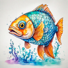 Cute little fish cartoon in watercolor painting style.