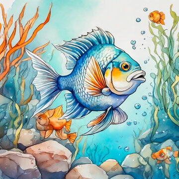 Cute little fish cartoon in watercolor painting style.