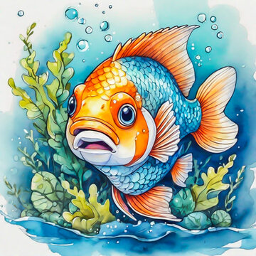 Cute little fish cartoon in watercolor painting style.