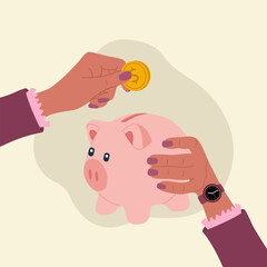 Businesswoman hands putting a coin in a piggy bank. Investments, finance, savings concept. Hand drawn vector illustration isolated on light background, modern flat cartoon style.