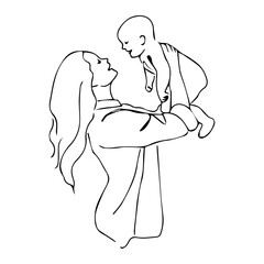 Mother picks up toddler boy on arms laughing up. Concept of motherhood. Vector Illustration in lineart style
