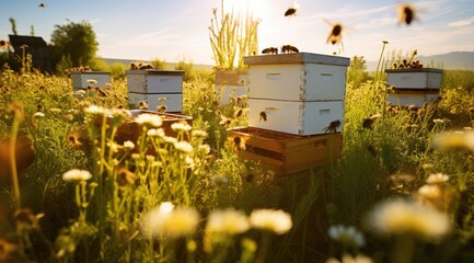 Fototapeta na wymiar Bee boxes in the garden. Apiary in the Sun. Generative AI