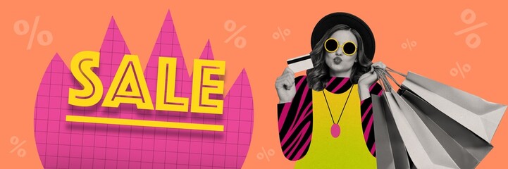 Panorama creative composite photo collage of cool funky fancy girl hold shopping bags pay by credit...