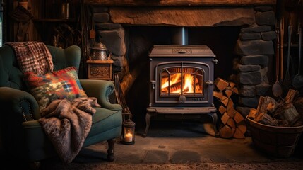 Cosy cottage living room with fireplace with woodburning stove. Generative AI