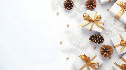 Obraz na płótnie Canvas Christmas gifts with golden ribbons, pine cones, balls, baubles and decorations on white snowy abstract background. Flat lay, top view, copyspace.