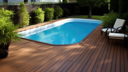 Fototapeta premium Swimming pool and decking in garden of luxury home. Generative AI