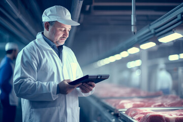 an inspector in a meat processing plant examining the quality of the meat - obrazy, fototapety, plakaty