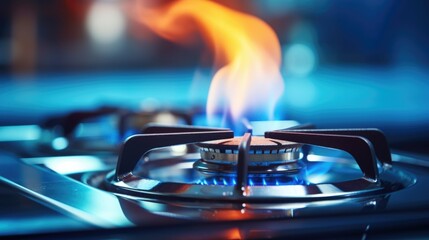 A gas stove with flames on it. Gas is not very clean, so flame is mostly yellow AI - obrazy, fototapety, plakaty