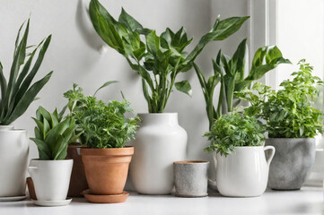 Different beautiful indoor plants in room. House decoration. Generative AI