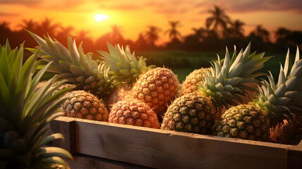 Pineapples harvested in a wooden box in plantation with sunset. Natural organic fruit abundance. Agriculture, healthy and natural food concept.
