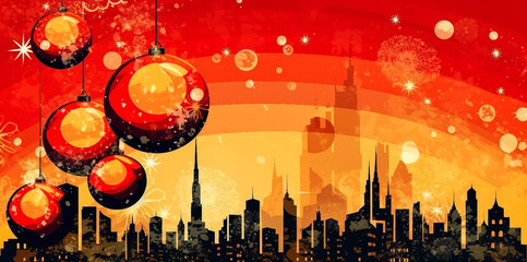 Christmas city background with balls 