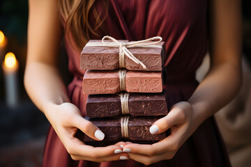 Natural cosmetic product, woman hands holding a handcrafted chocolate soaps. - obrazy, fototapety, plakaty