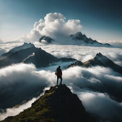 A man on top of a mountain with only clouds around him
