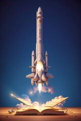 Education concept. Launching rocket and open book