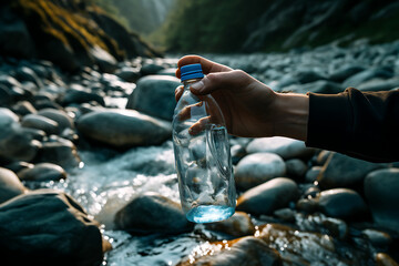 Human hand filling up waterbottle in natural mountain river, on a hike through the mountains