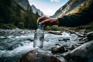 Human hand filling up waterbottle in natural mountain river, on a hike through the mountains - obrazy, fototapety, plakaty