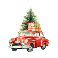 Red retro car with gift box and christmas tree on top and snow watercolor paint for holiday greeting card design