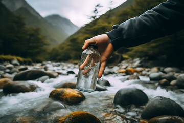 Human hand filling up waterbottle in natural mountain river, on a hike through the mountains - obrazy, fototapety, plakaty
