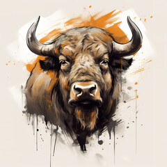 Painting of a wild buffalo on clean background. Wildlife Animals.