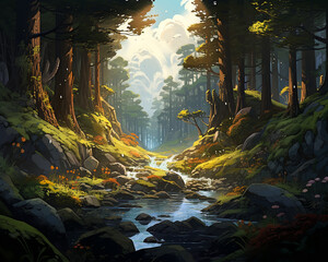 Enchanting and Surreal Natural Landscape: Unique Illumination, Trees, Animals, and Ethereal Soft Lighting