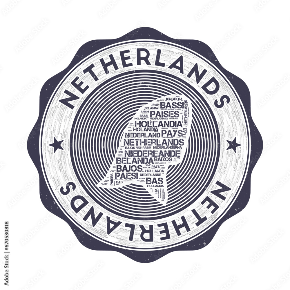 Poster netherlands seal. country round logo with shape of netherlands and country name in multiple language