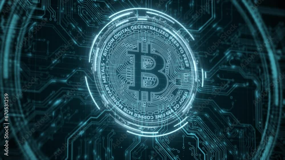 Poster bitcoin crypto currency digital technology on circuit board. abstract futuristic 3d render backgroun