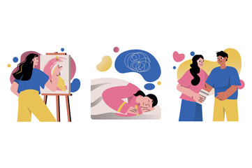 Set concept Mental health with people scene in the flat cartoon design. Young people monitor their health and give the body everything it needs. Vector illustration.