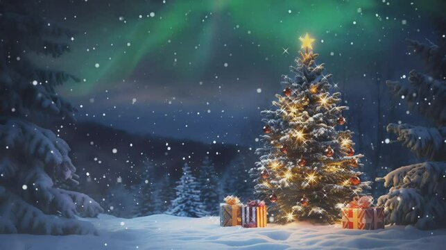 Christmas winter background with decorated pine tree and christmas gifts in the snowy landscape, looping video animation