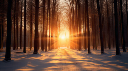 Escena de invierno, bosque nevado al atardecer con la luz del sol entre los árboles. - obrazy, fototapety, plakaty