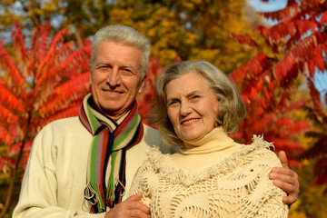 Elderly couple dance in the park in autumn.