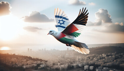 Israel and Palestine National Flags Dove flying over a Peaceful Cityscape, symbolizing unity on blue sky landscape. Gaza Strip War Conflict. Geopolitical Warfare crisis. Hamas Middle East security - obrazy, fototapety, plakaty