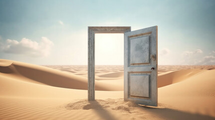 A door opened on desert. Start up concept.