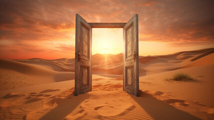 A door opened on desert. Start up concept.