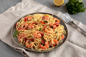 Homemade Cooked Garlic Shrimp Scampi on a Plate, side view.