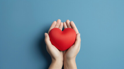 Obraz premium Hands holding a red heart on a blue background.