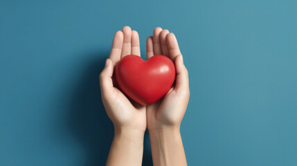 Hands holding a red heart on a blue background.