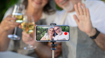 Glad senior caucasian man and lady cheers glasses of wine in garden, shoot video on phone screen