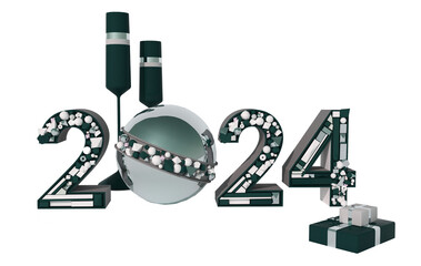 New Year's inscription 2024 on a white isolated background of crystals and cubes 3 d render