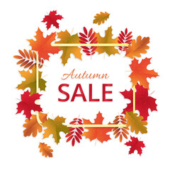 Fall colorful leaves frame and with the text Autumn Sale composition. Autumn sale discount promotion banner design. Advertising sale concept poster design. Sale banner, sale tag